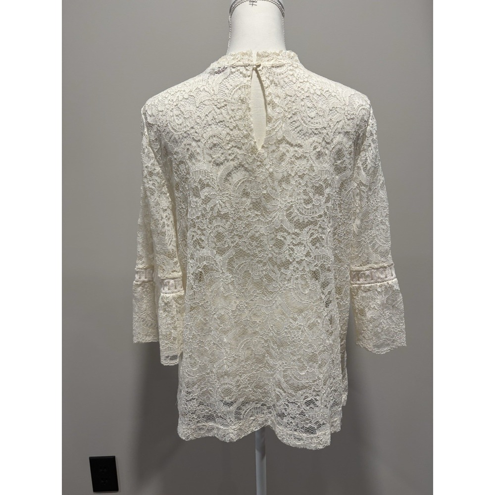 Ann Taylor Loft Women's Large Mock Neck 3/4 Sleeve White Sheer Lace Top Ethereal - Picture 4 of 11